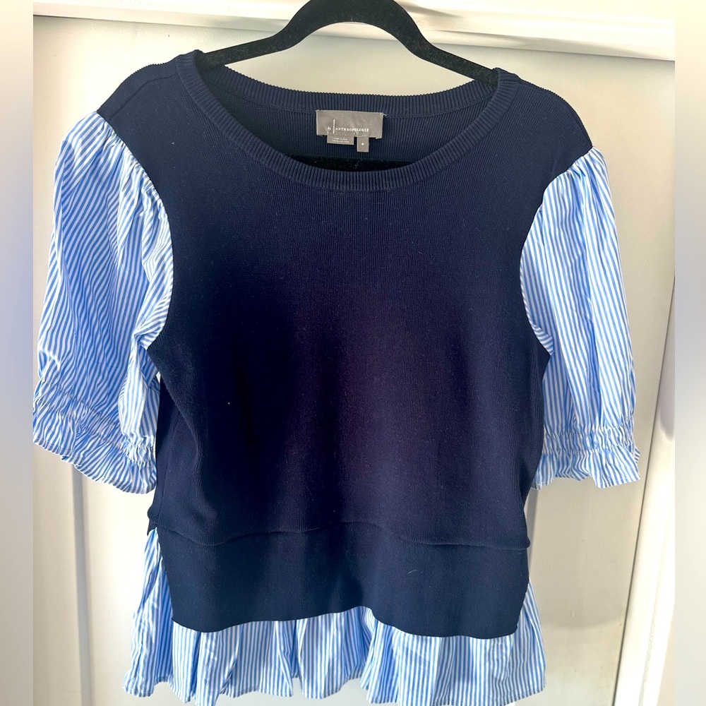 By Anthropologie Layered Poplin-Sleeve Sweater